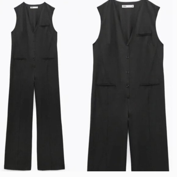 NWT ZARA WOMEN'S LONG V-NECK JUMPSUIT SLEEVELESS BLACK Pinstripe - Picture 3 of 8
